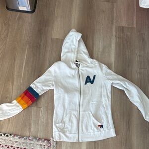 Aviator Nation White Hoodie with Rainbow Sleeve